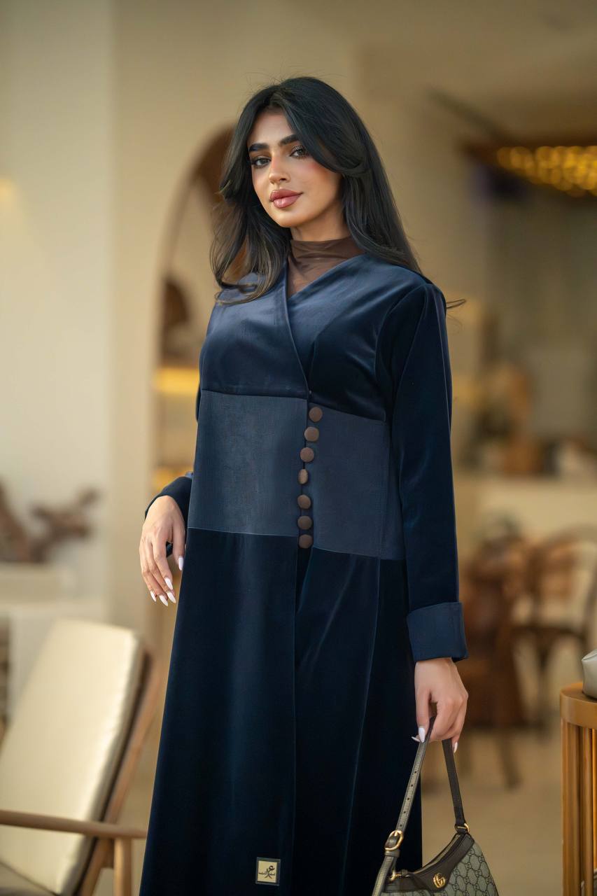 Crepe velvet abaya with ribbed velvet in navy color C:6581