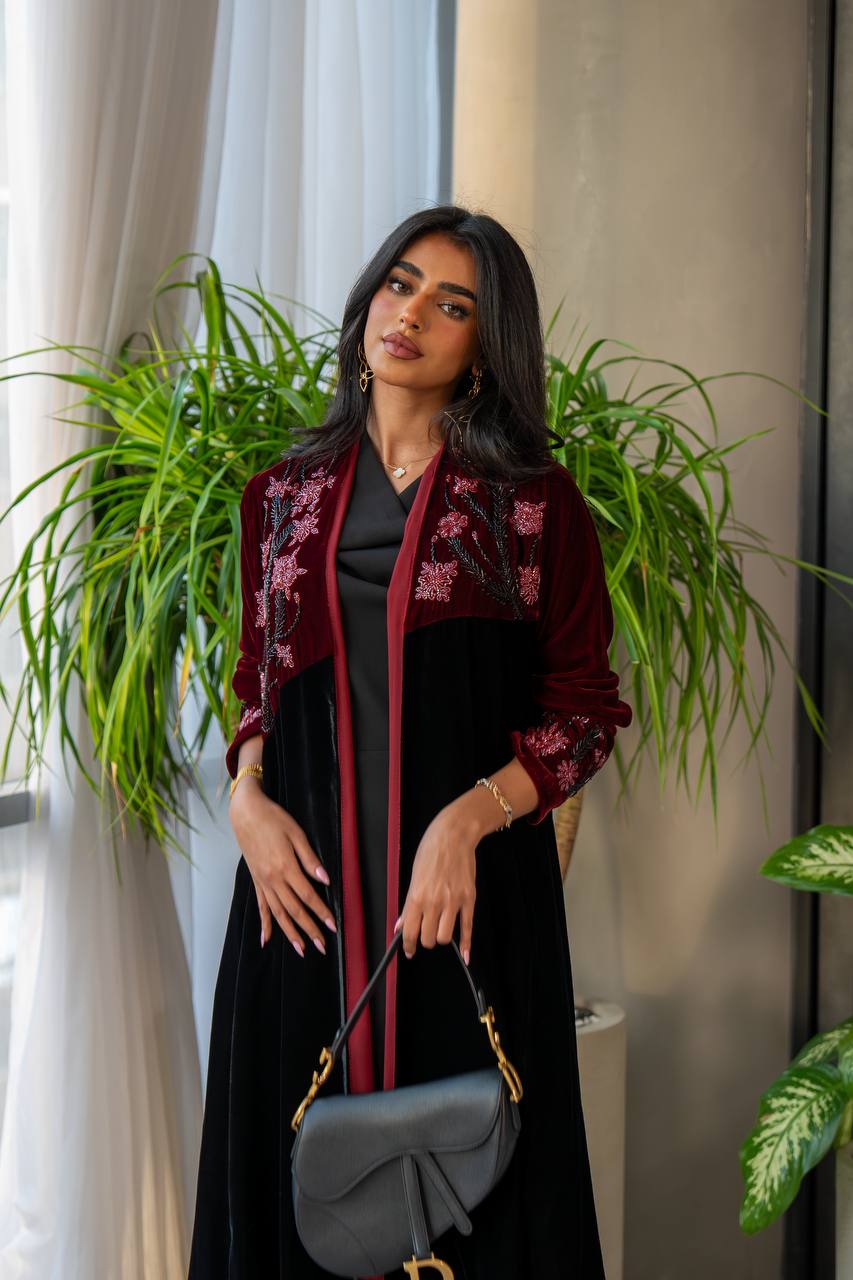 Black and burgundy velvet abaya with embroidery C:6569