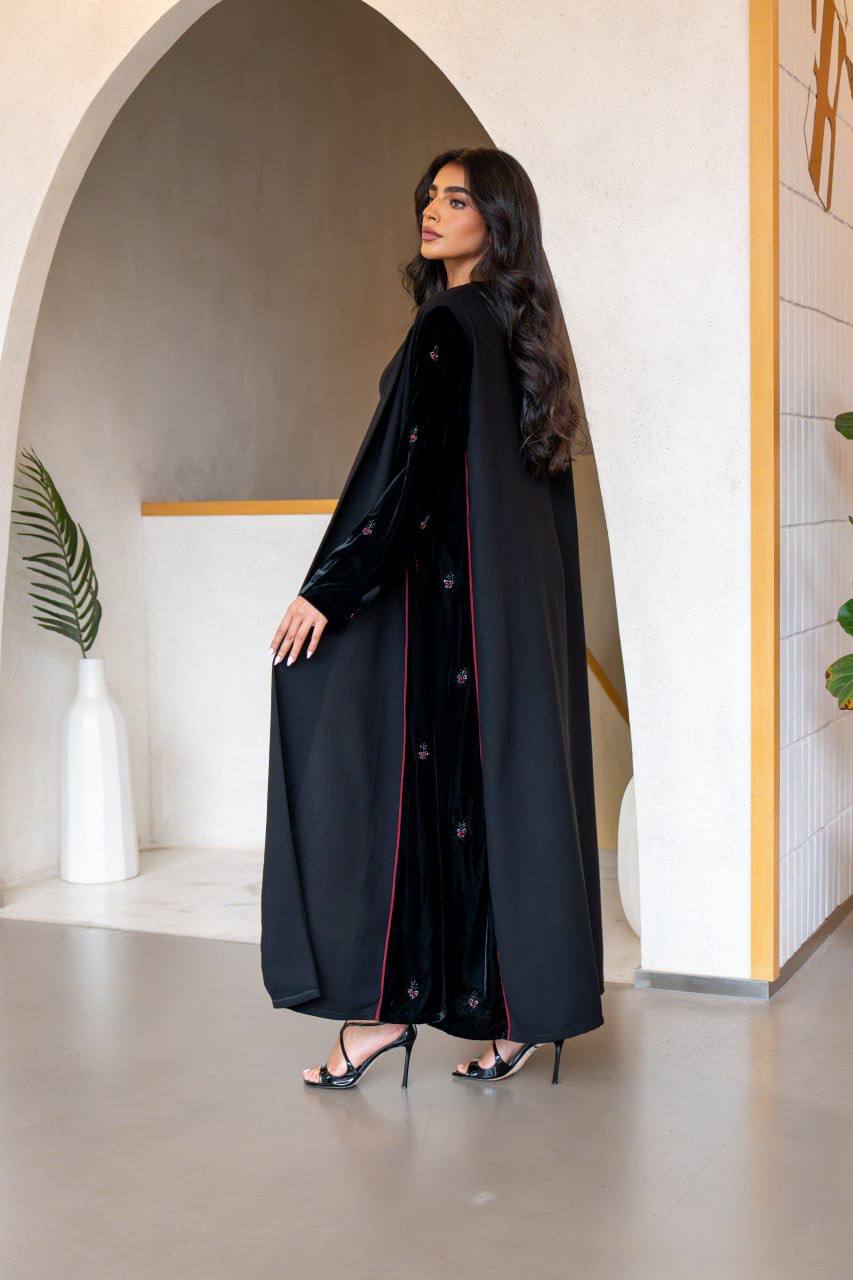 Crepe abaya with black velvet and hand embroidery C:6560 Black