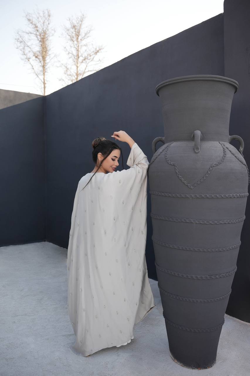 Light beige silk crepe abaya with embroidery C:6387