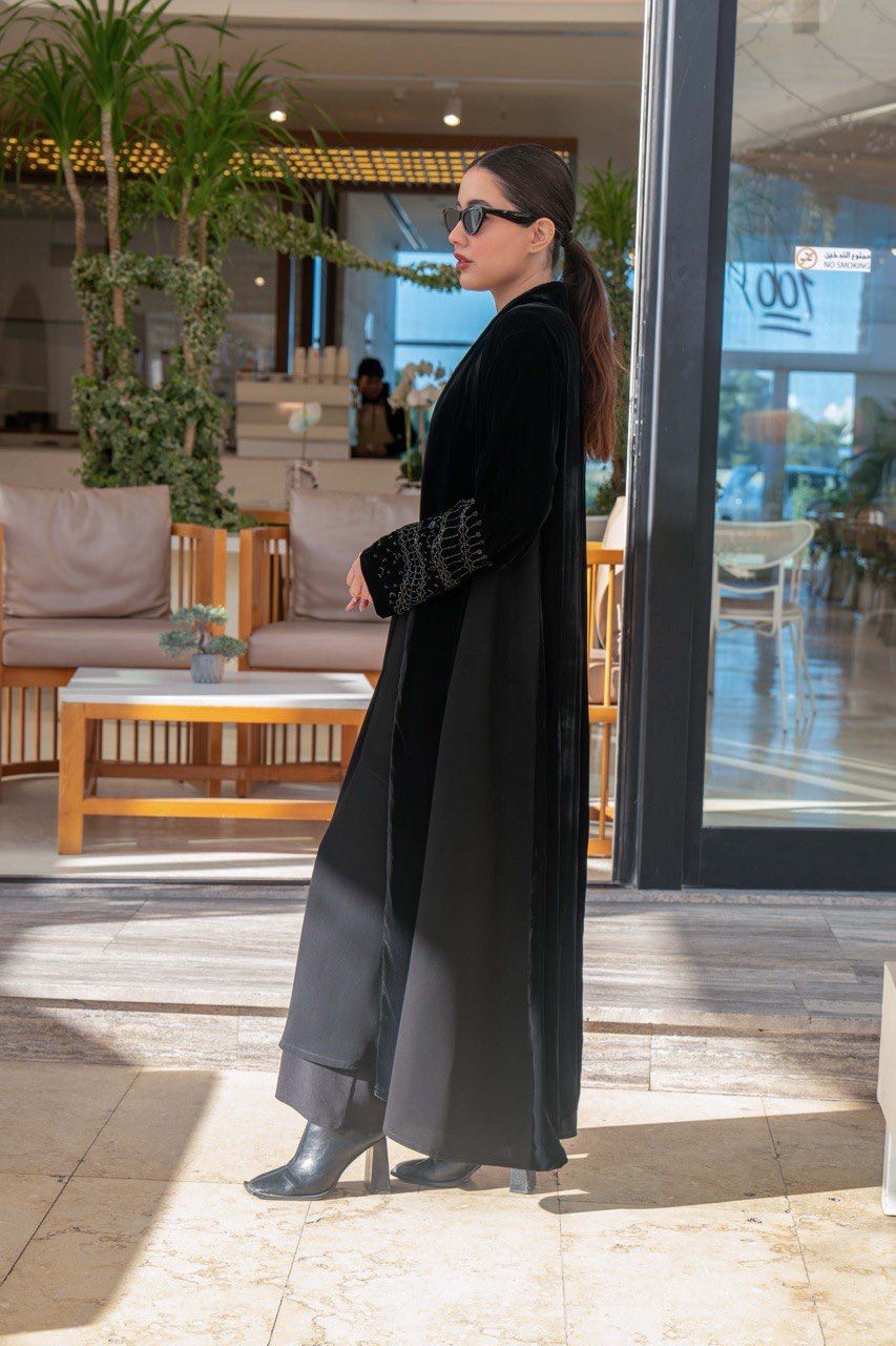 Black velvet and crepe abaya with hand embroidery C:6579 Black
