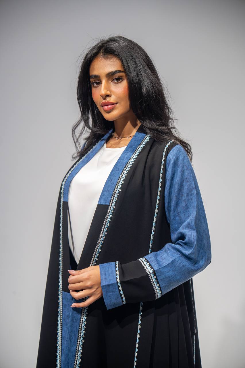 Black crepe abaya with blue linen, with embroidery. C:6672