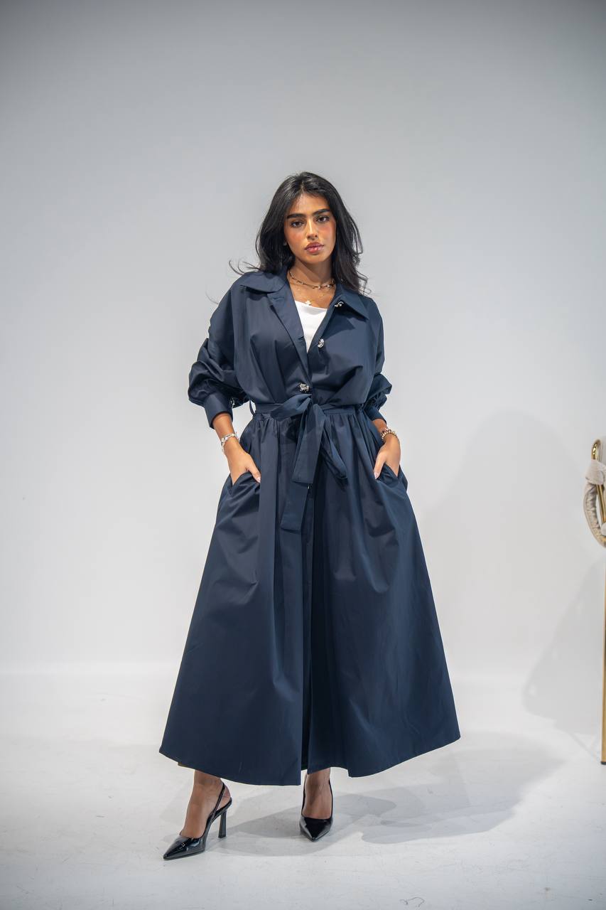 Elegant free size trench coat, in navy blue . C:6685 Navy