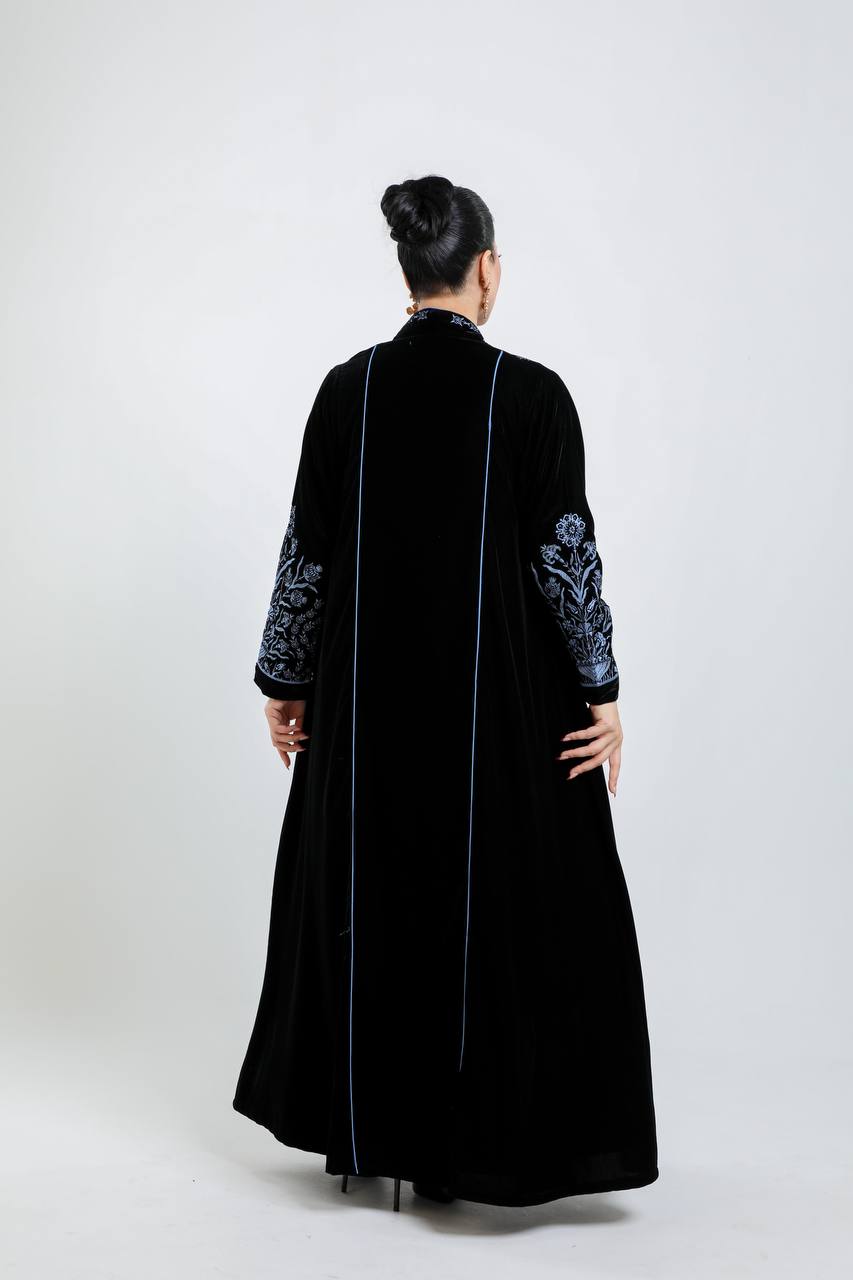Black velvet abaya with blue embroidery. C:6721 Blue