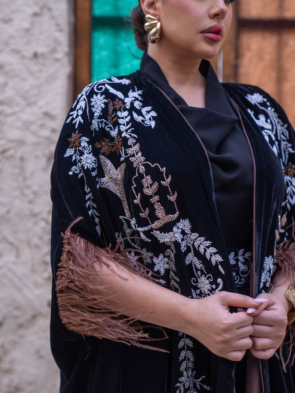 Velvet bisht and jumpsuit set in black with hand embellishment.C:6719