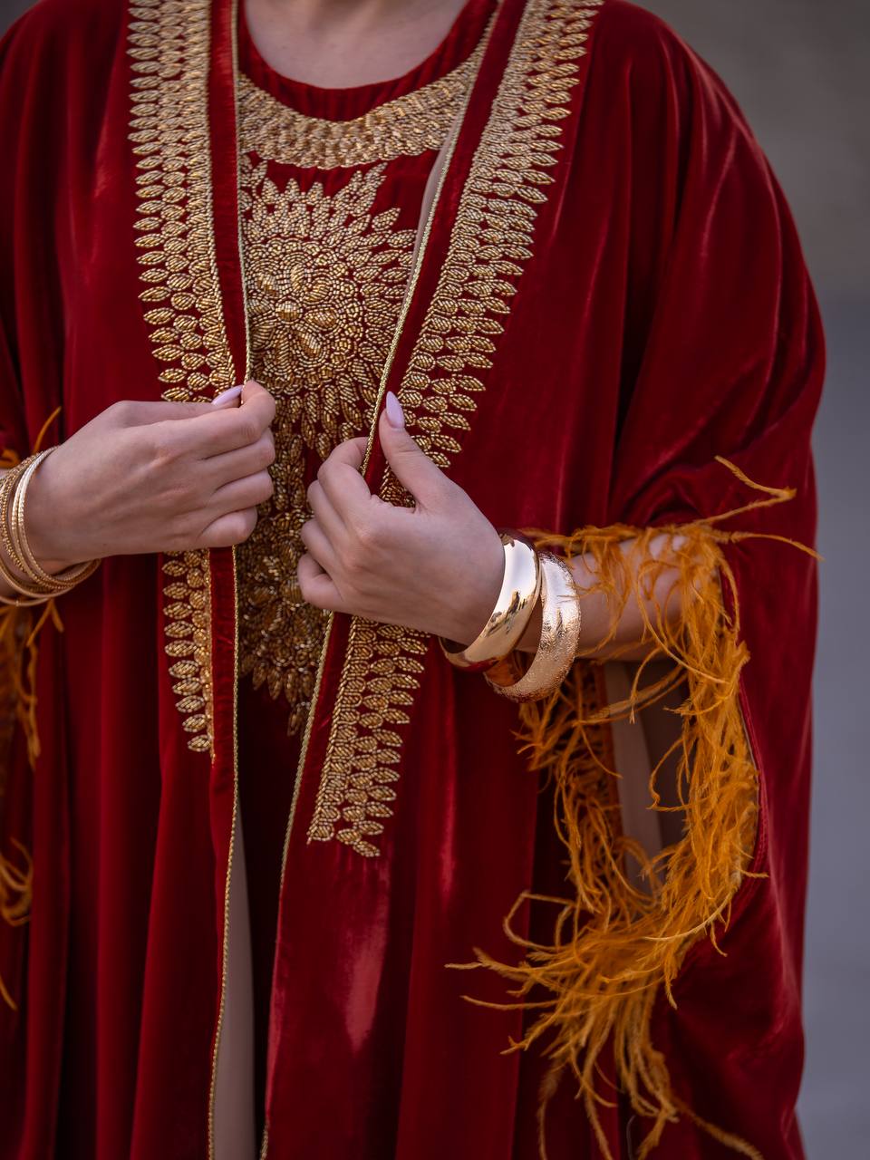 Bisht and dress set in burgundy velvet with hand embellishment.C:6714