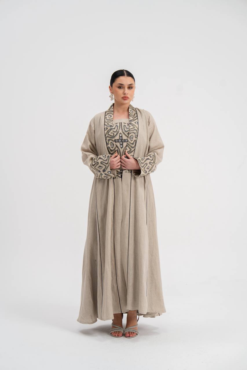 Linen abaya with beige embroidery (with inner set). C:6741