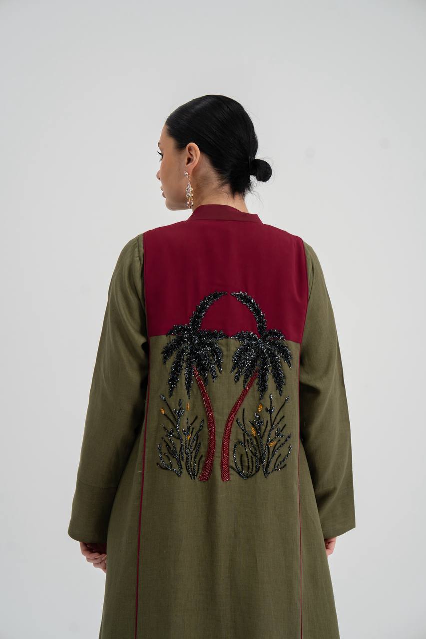 Linen abaya in olive green with hand embroidery (with inner set). C:6748