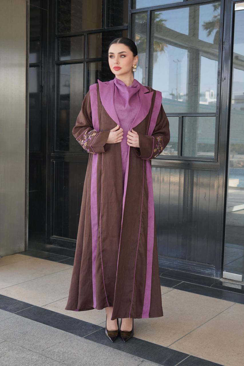Brown linen blazer abaya with embellishments. C:6755