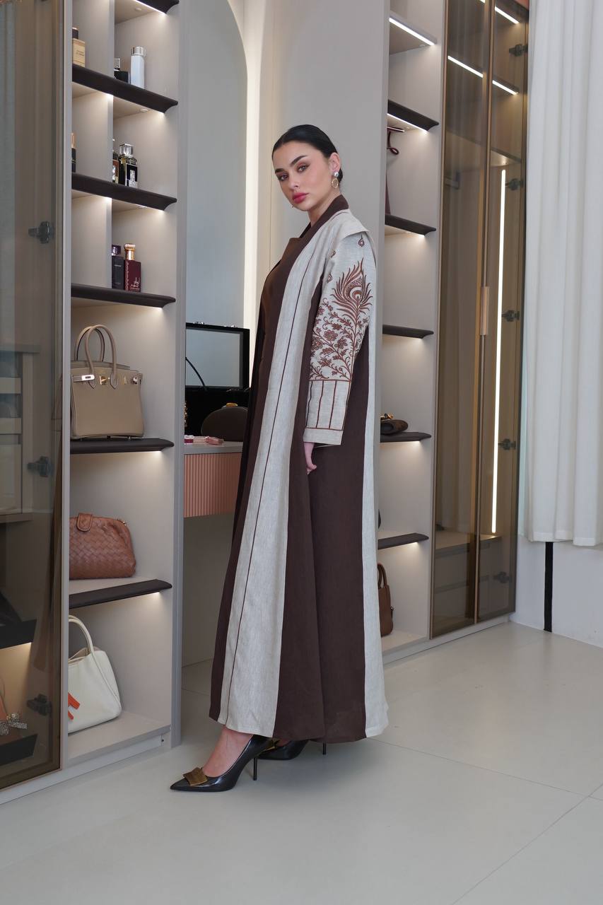 Linen abaya in beige and brown with embroidery.C:6752