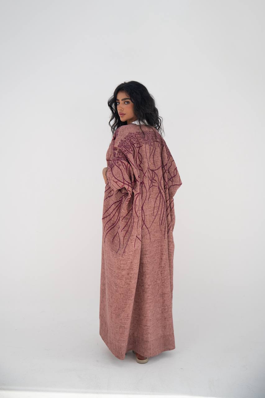 Flesh-colored linen bisht abaya with beading and embroidery C:6648