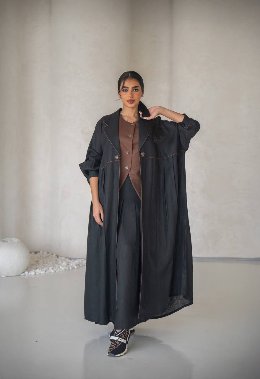 Free size black abaya with inner set, linen C:6641 (free size)