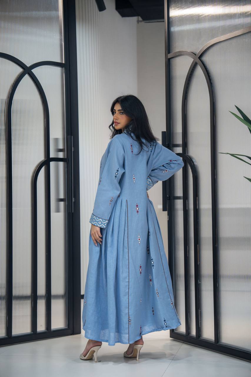 Sky blue linen abaya with embroidery C:6623 Blue