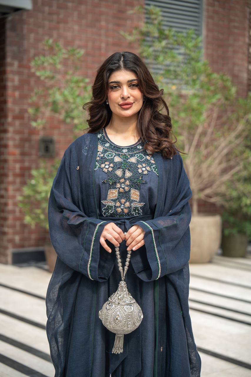 Bisht made of hessian material and linen dress, in navy blue with hand embroidery C:6619