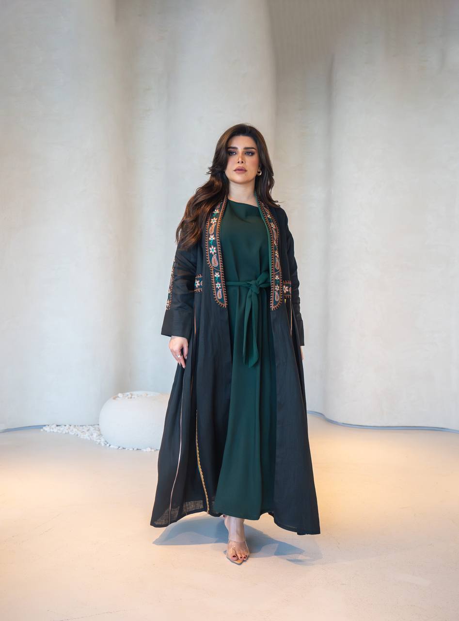 Black linen abaya with embroidery C:6620