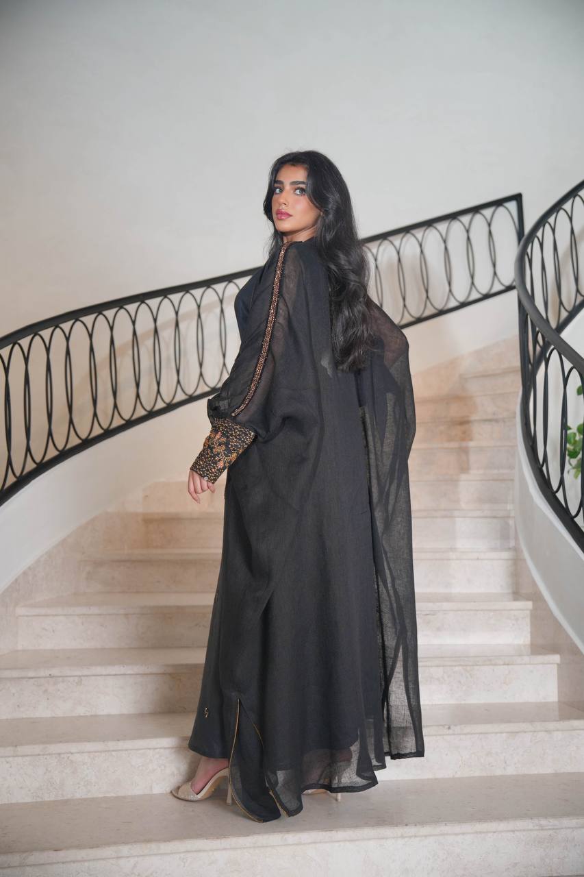 Burlap Bisht with Black Linen Dress with Hand Embroidery C:6613