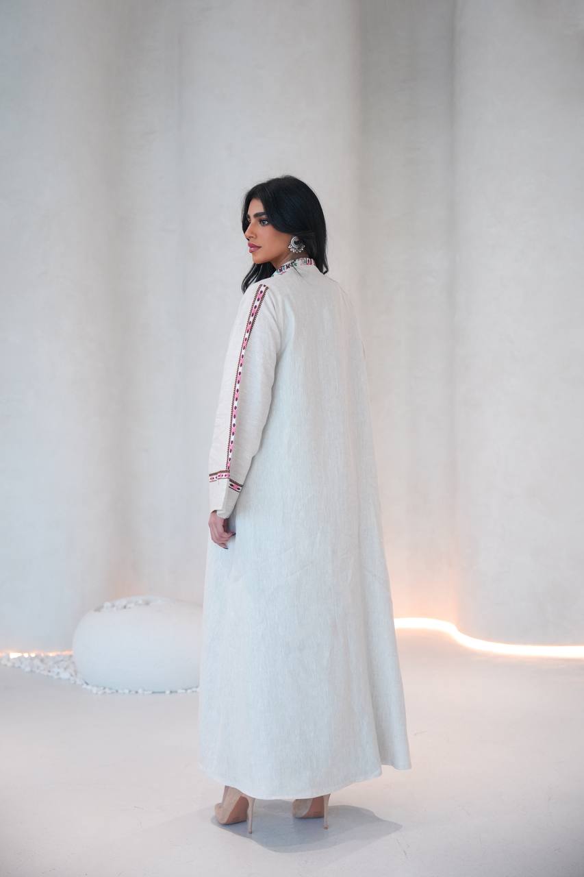 Linen abaya in light beige with embroidery C:6608
