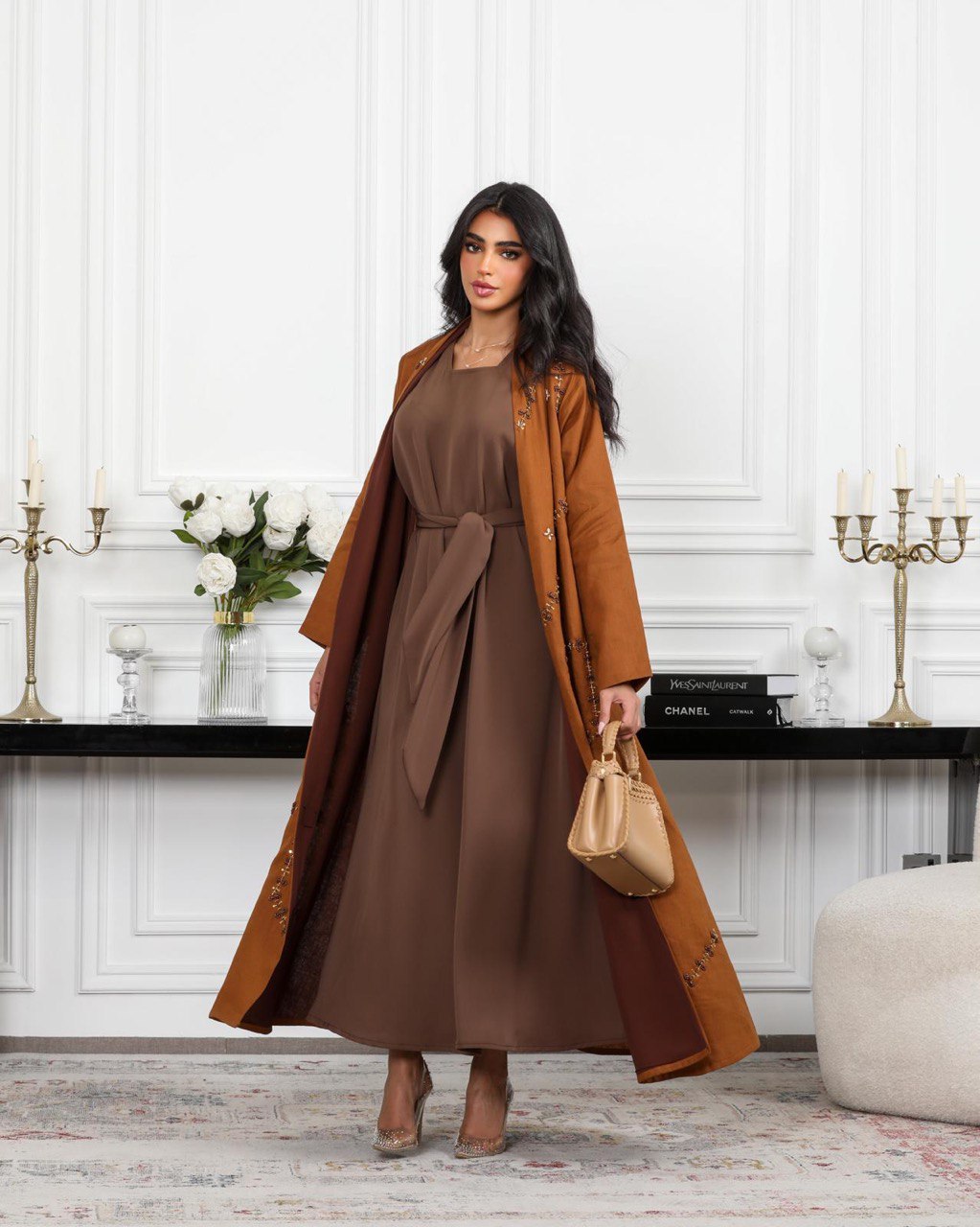 Abaya camel linen with pearl C:6488 BROWN