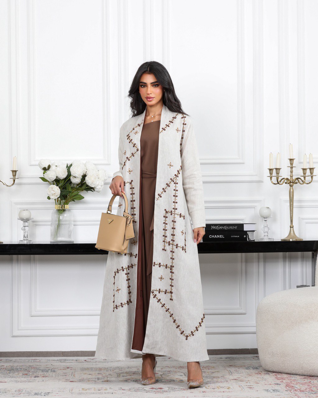 ABAYA BEAGE LINEN WITH PEARL C:6488 BREAGE