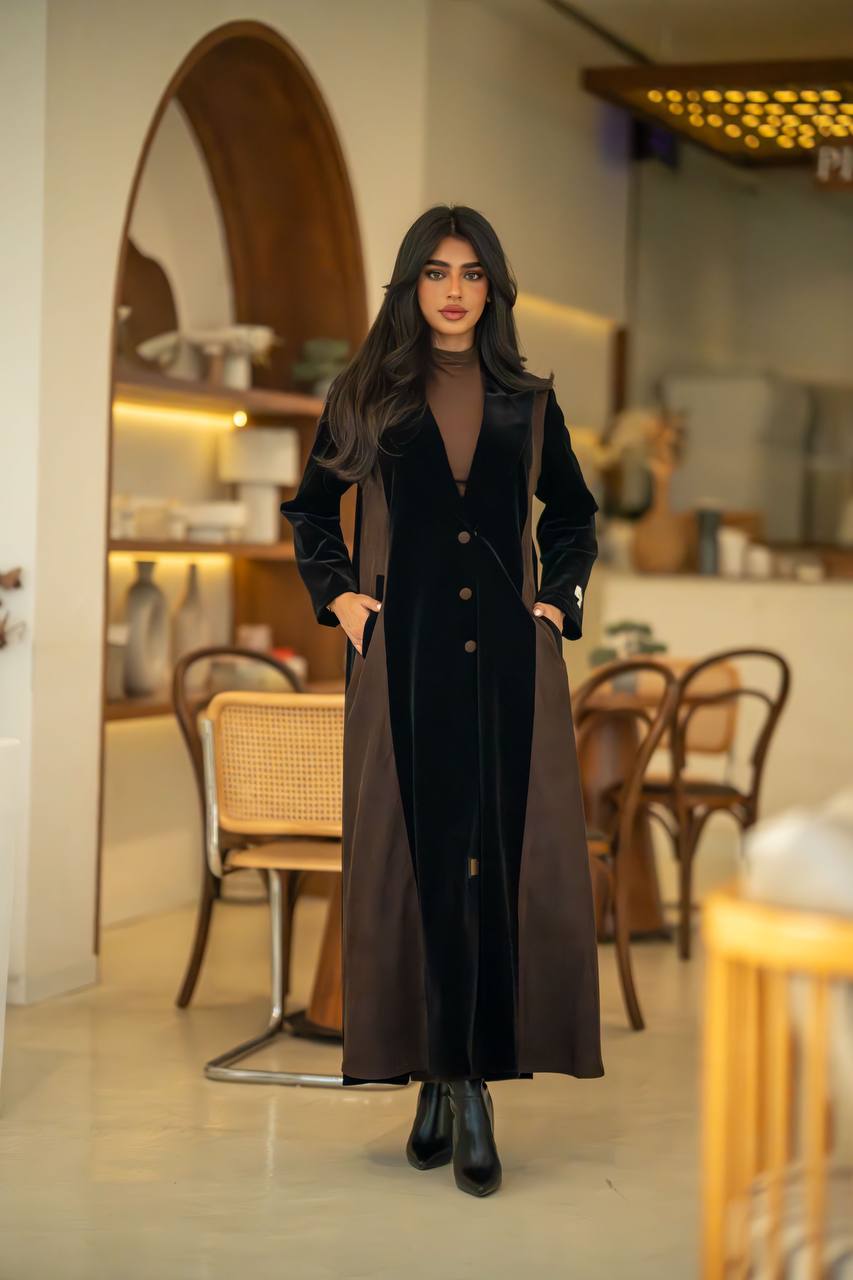 Velvet Abaya Black Crepe and Ribbed Velvet Brown C:6582 Brown