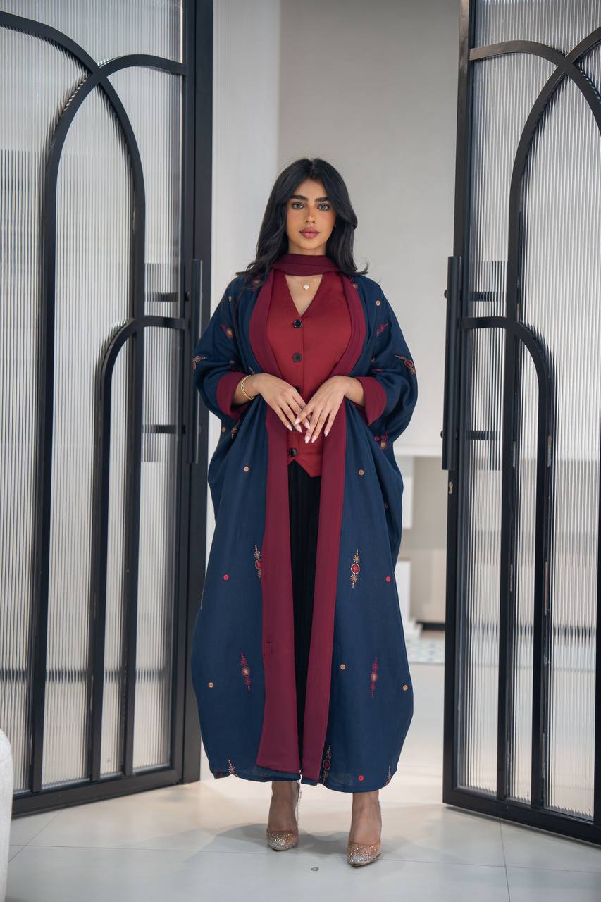 Navy linen abaya with embroidery C:6622