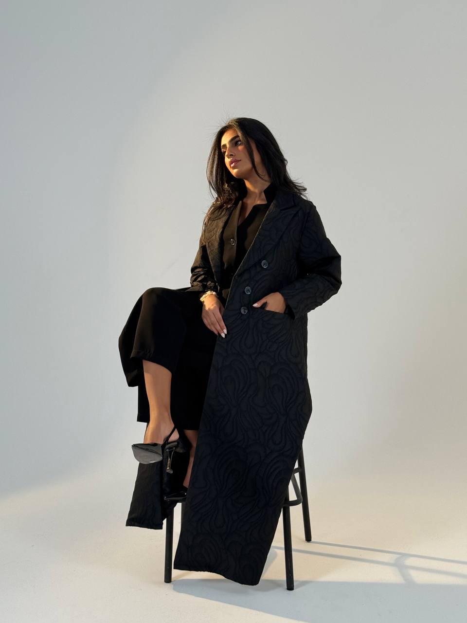 Black crepe jacquard blazer abaya.C:6693