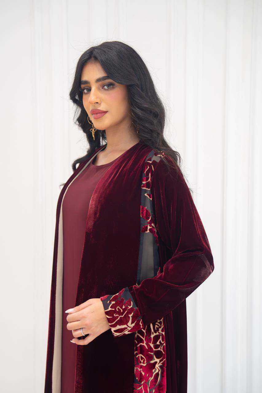 Burgundy velvet abaya. C:6573