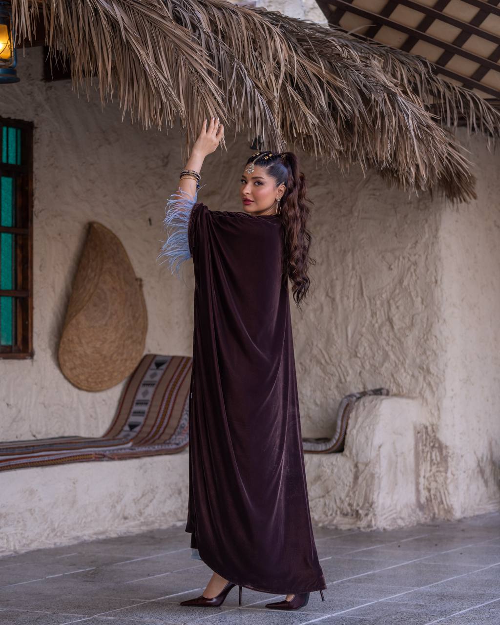 Bisht and dress set in brown velvet with hand embellishment.C:6718