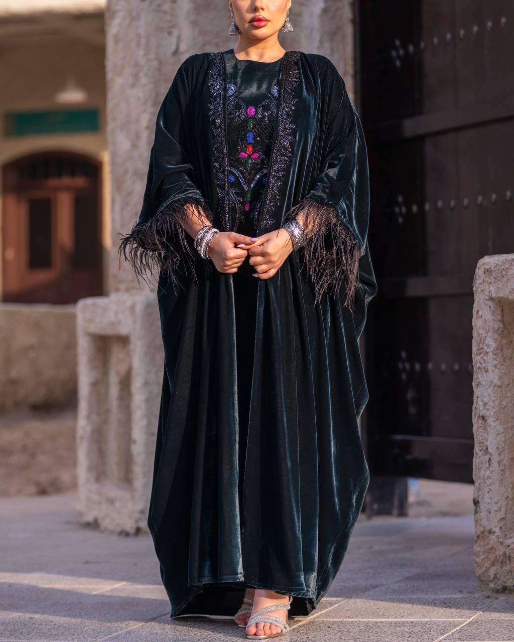 A set of bisht and dress, velvet in olive green with hand embroidery..C:6716