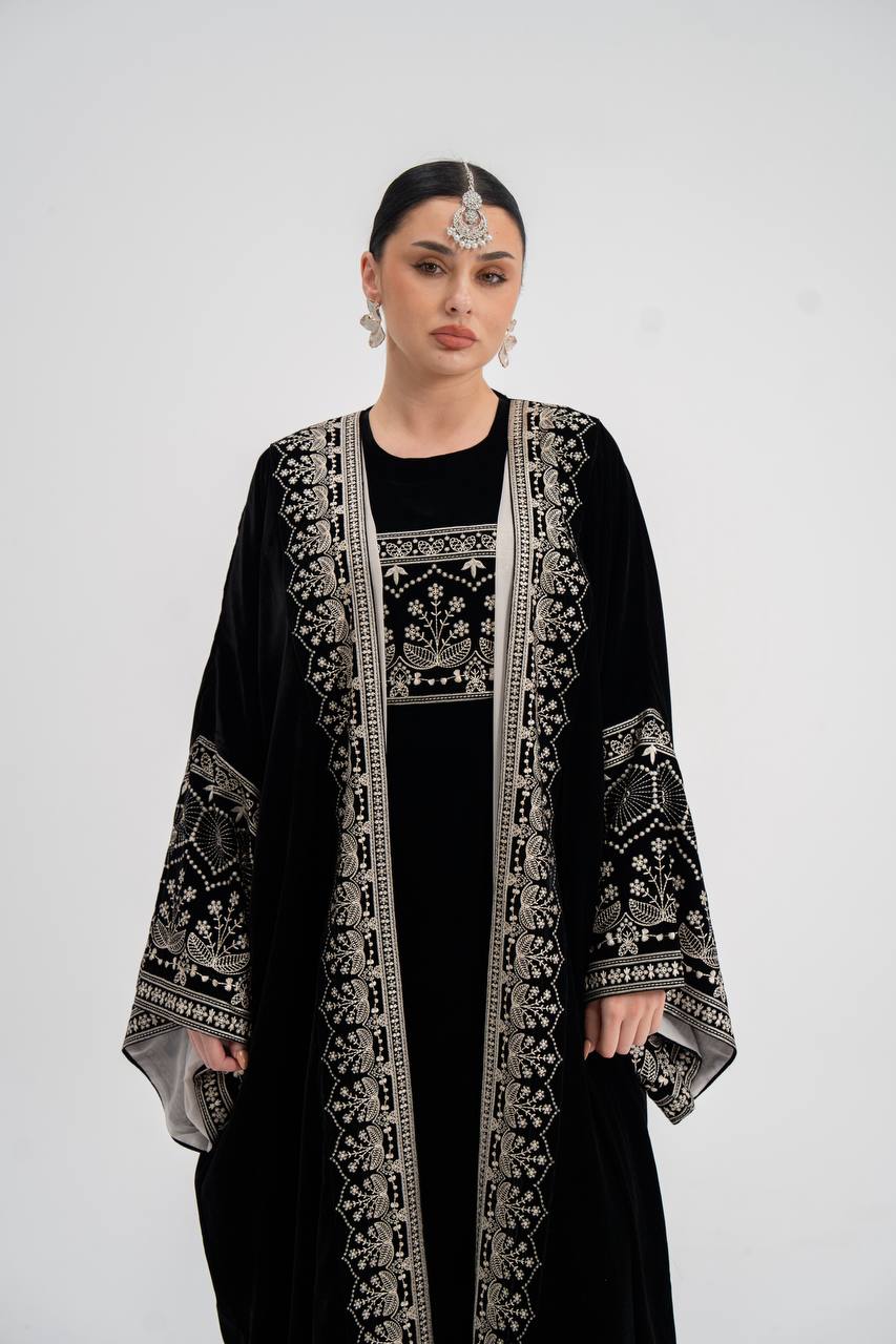 Black velvet abaya with embroidery (with inner set). C:6744