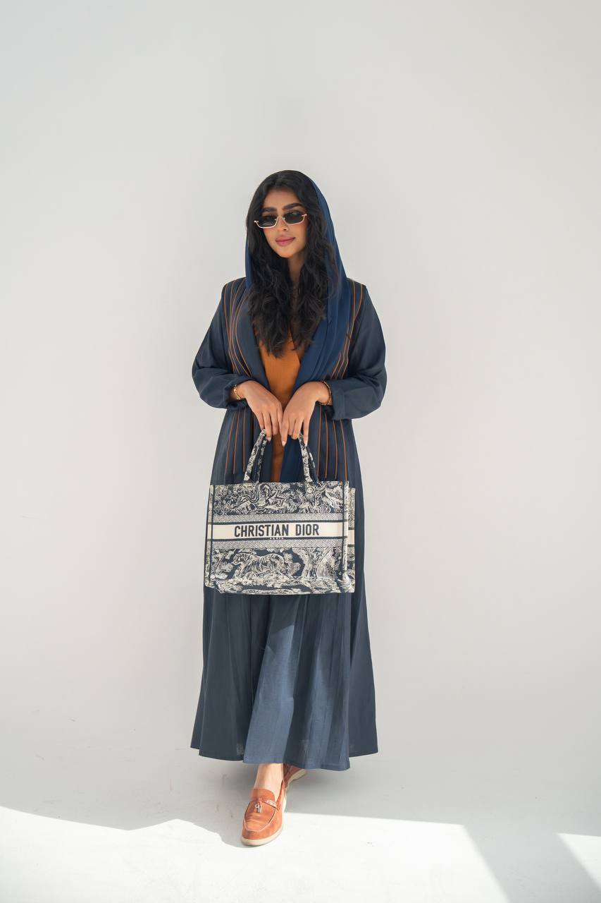 Navy blue linen abaya with inner set C:6637