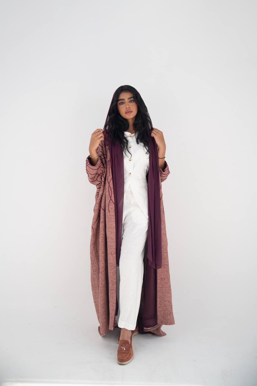 Flesh-colored linen bisht abaya with beading and embroidery C:6648