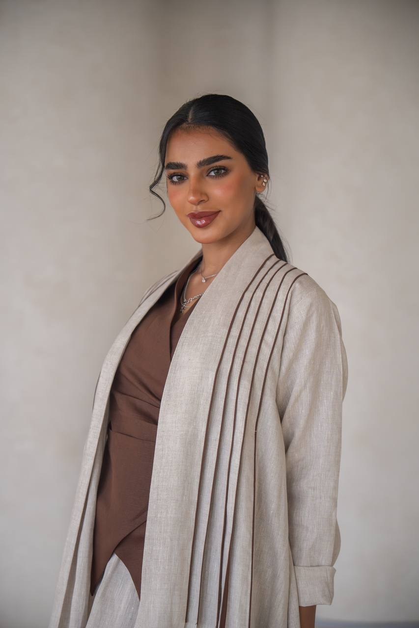 Abaya with a blouse and skirt made of natural linen C:6637 Beige