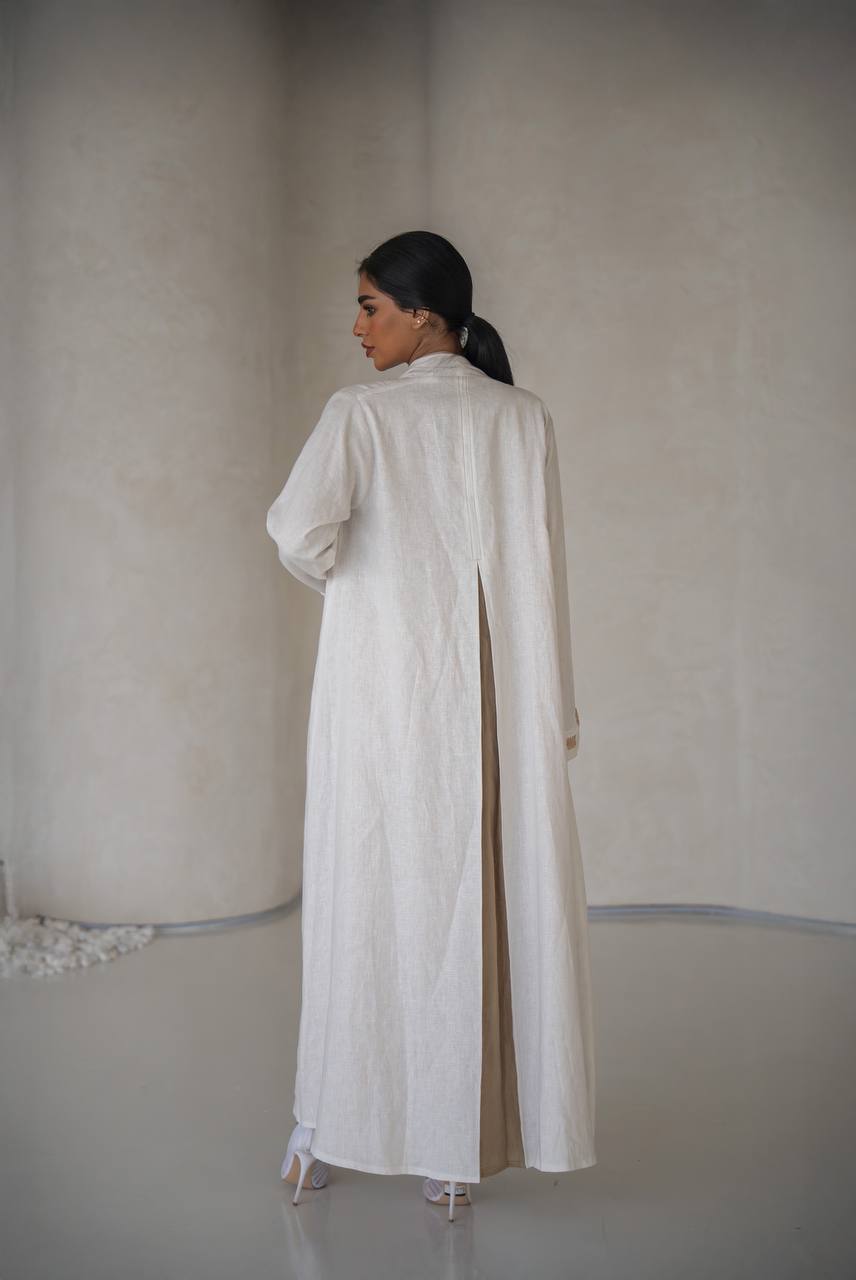 White linen abaya with inner set C:6640 White