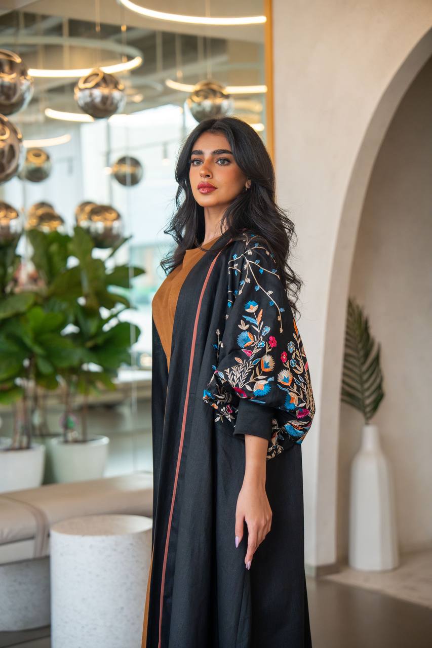 Free size black linen abaya with embroidery C:6631 Blue (Free size)