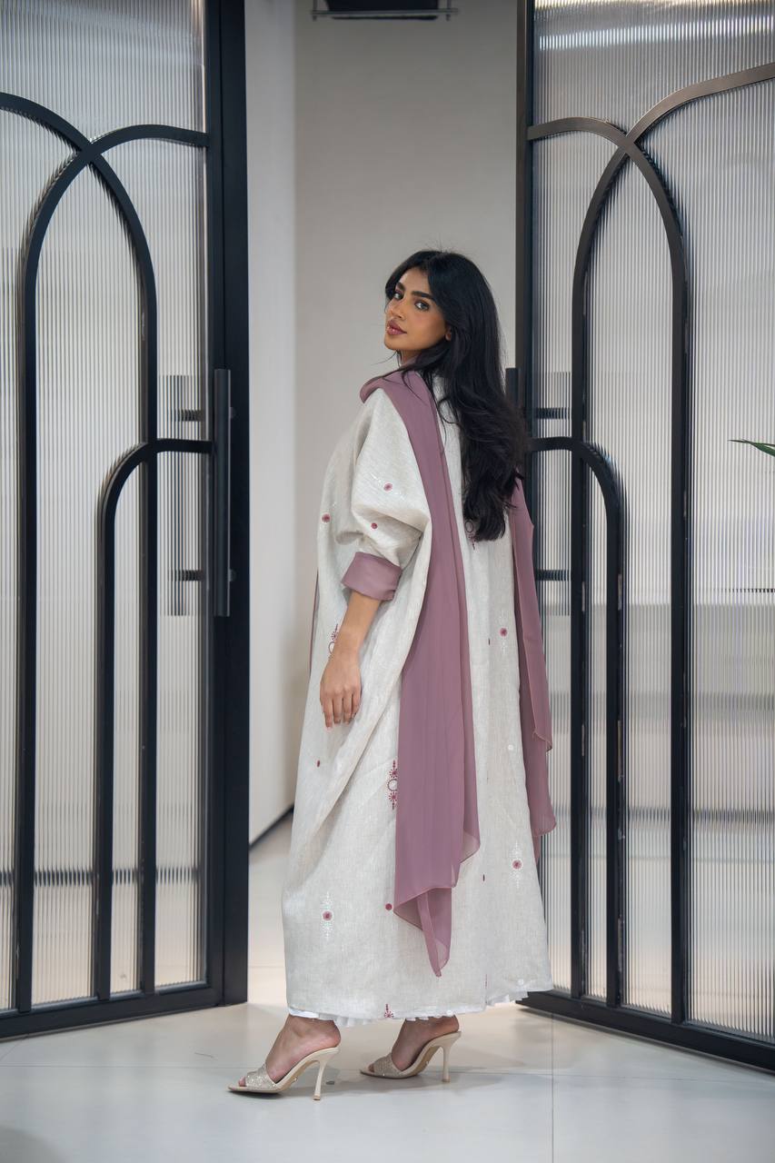 Light beige linen abaya with embroidery C:6622 Beige (Free size)