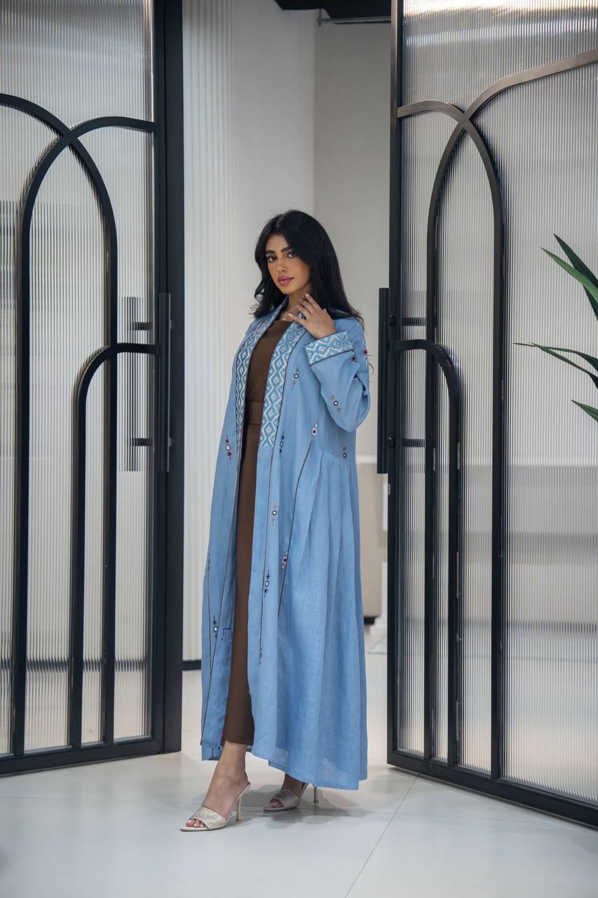 Sky blue linen abaya with embroidery C:6623 Blue