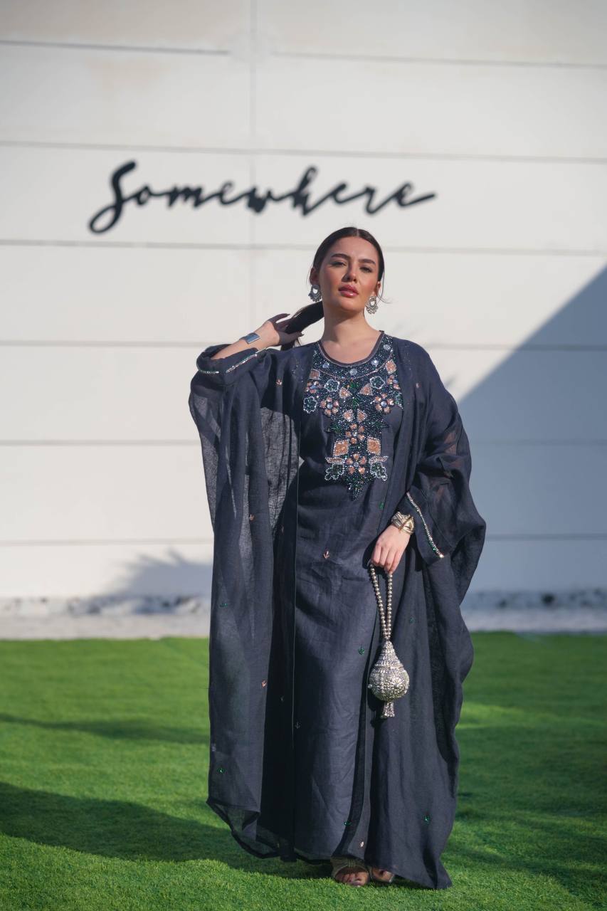 Bisht made of hessian material and linen dress, in navy blue with hand embroidery C:6619 (Free size)