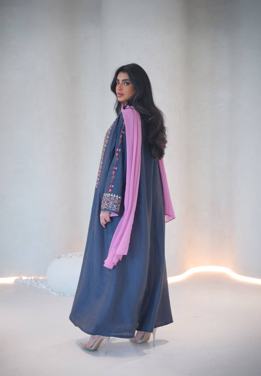 Linen abaya in navy blue with embroidery C:6604
