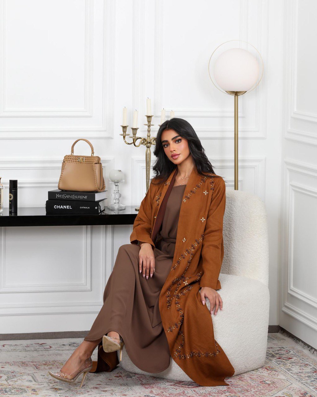 Abaya camel linen with pearl C:6488 BROWN