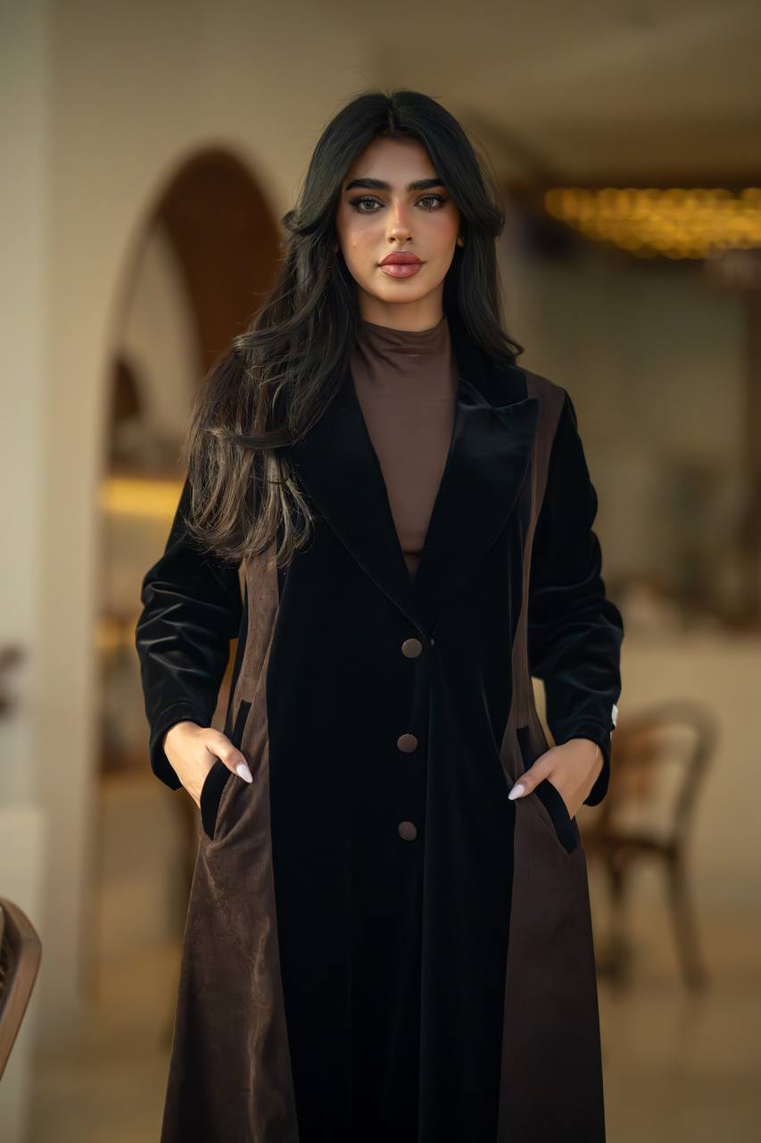 Velvet Abaya Black Crepe and Ribbed Velvet Brown C:6582 Brown