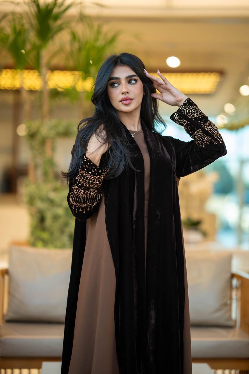 Brown velvet abaya with brown crepe 6579