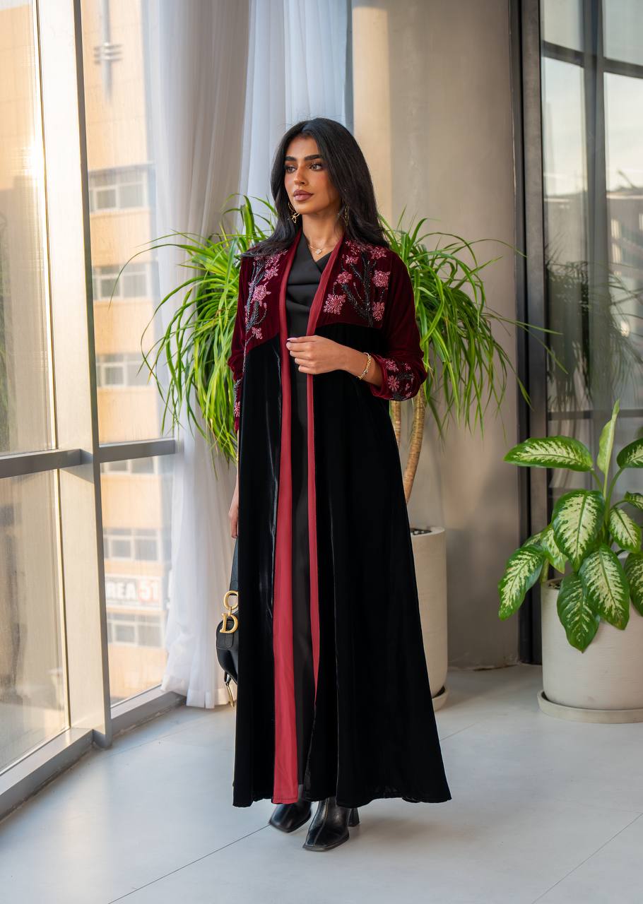 Black and burgundy velvet abaya with embroidery C:6569