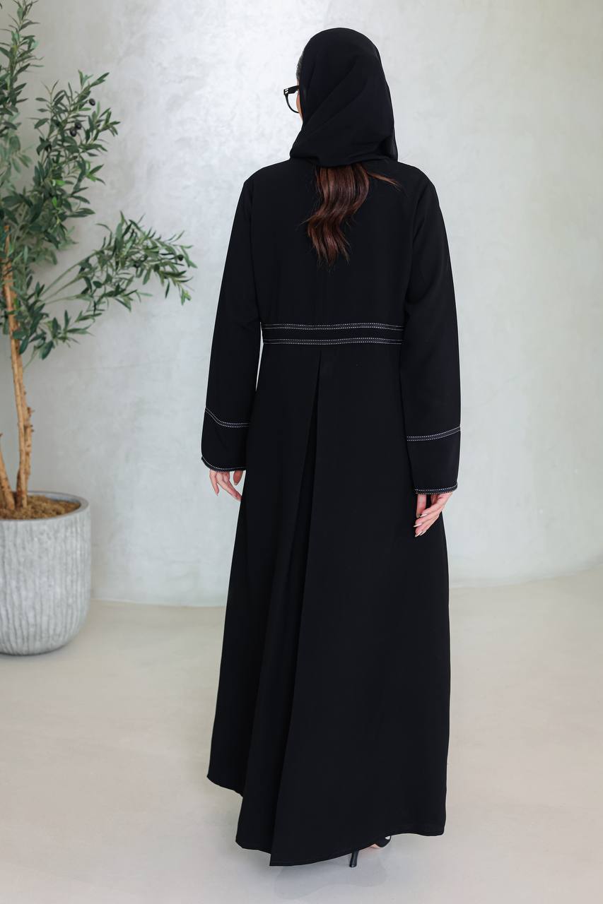 Crepe blazer abaya in black with embroidery.C:6667