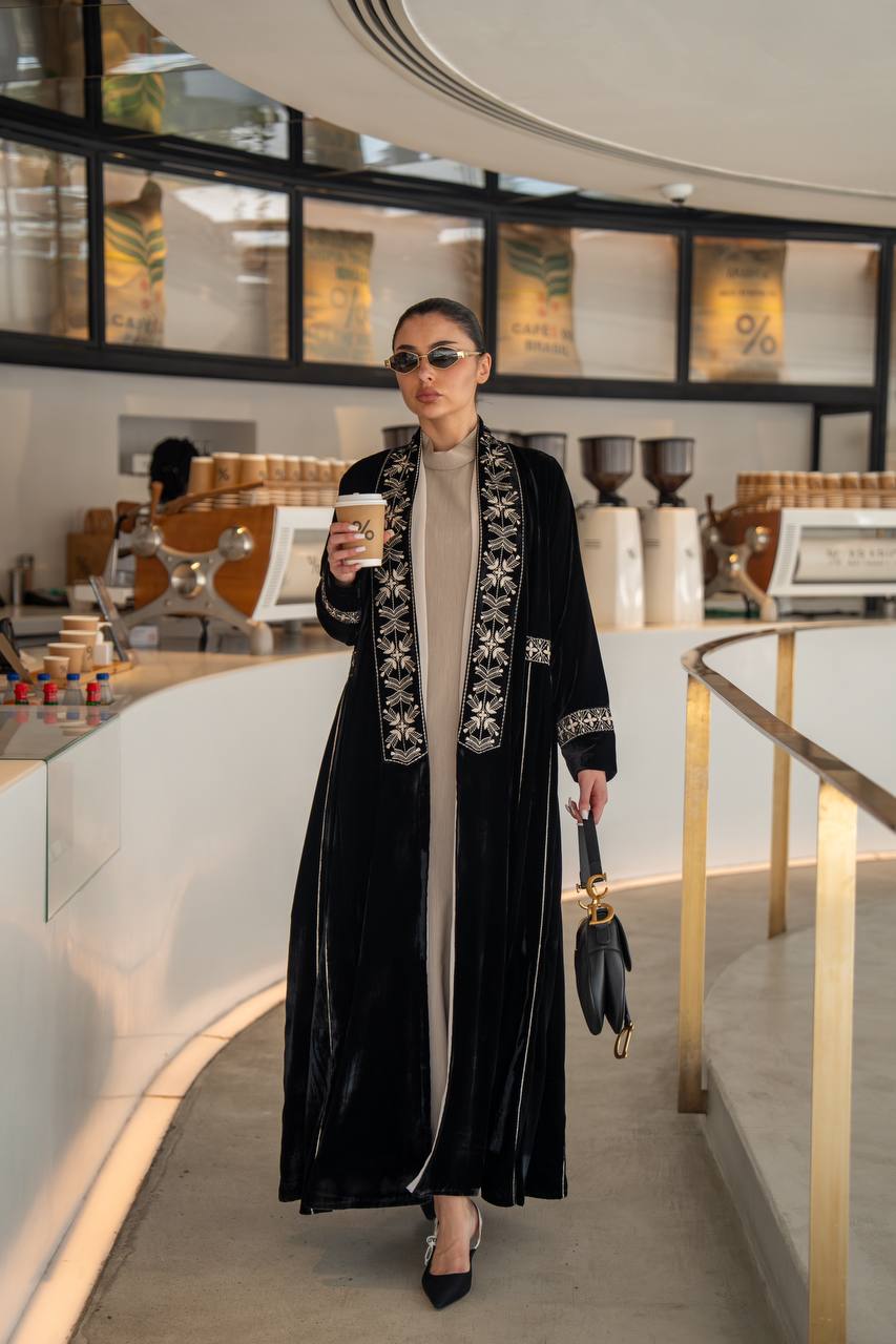 Black velvet abaya with embroidery.C:6700