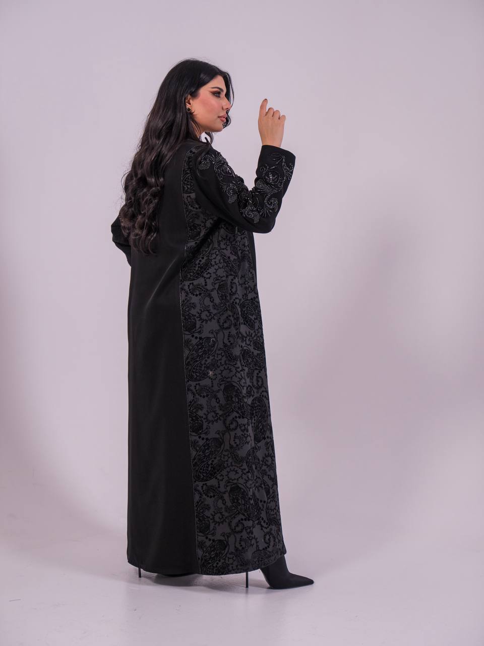 Crepe blazer abaya with black printed crepe and hand-stitched details.C:6733
