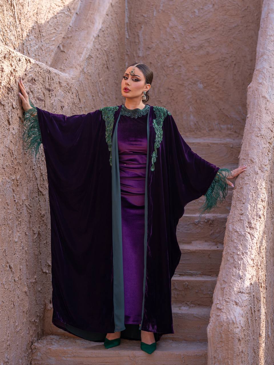 Velvet bisht and dress set in royal purple with hand embellishment.C:6715