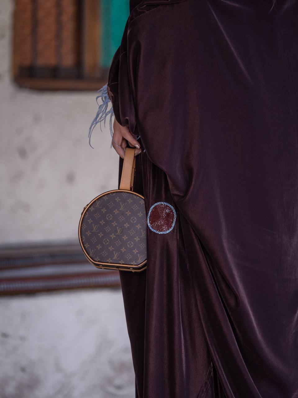 Bisht and dress set in brown velvet with hand embellishment.C:6718