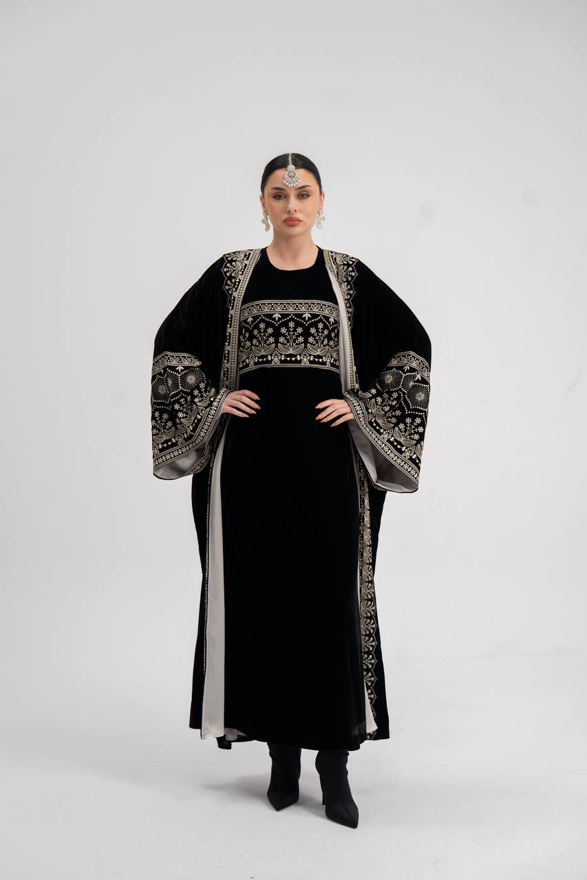 Black velvet abaya with embroidery (with inner set). C:6744