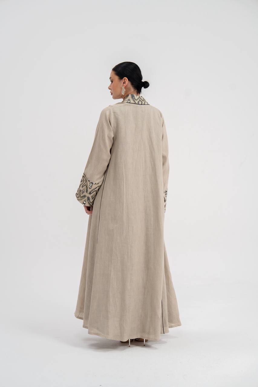 Linen abaya with beige embroidery (with inner set). C:6741